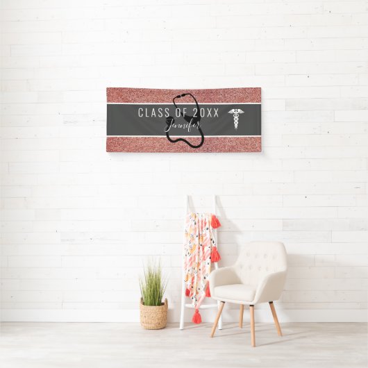 Nurse Medical Rose Gold Glitzer Graduation Party Banner (Insitu)