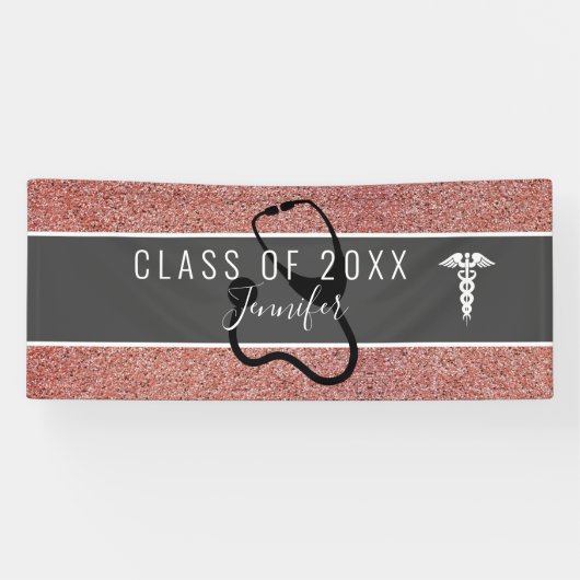 Nurse Medical Rose Gold Glitzer Graduation Party Banner (Horizontal)