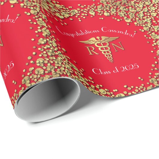 Nurse Nursing School Graduation Party Red Gold Geschenkpapier (Rolleneckpunkt)