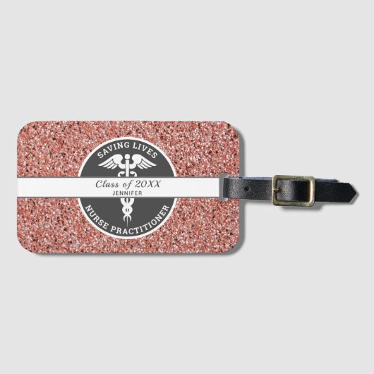 Nurse Practitioner Rose Gold Glitzer Personalisier Gepäckanhänger (Vorderseite (Horizontal))