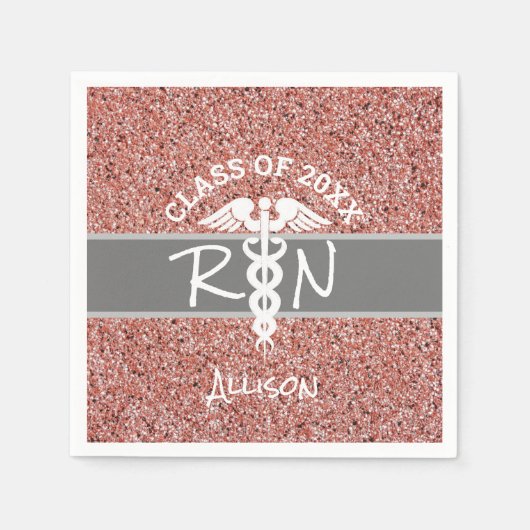 Nurse RN Caduceus Abschluss Rose Gold Glitzer Serviette (Vorderseite)