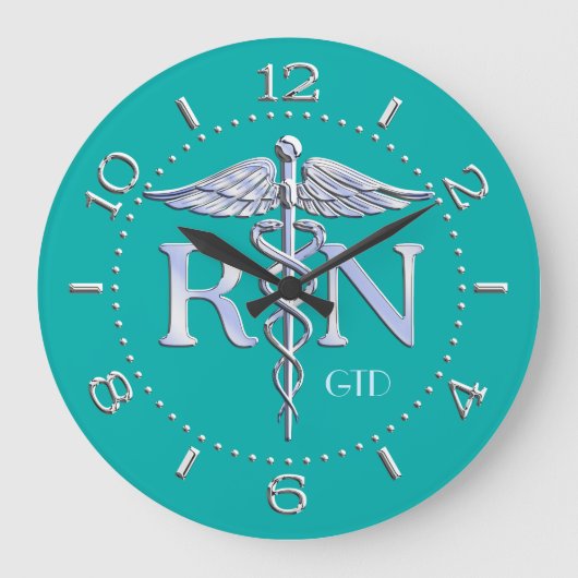 Nurse RN Caduceus Monogram Dial Style auf Türkis Große Wanduhr (Vorderseite)