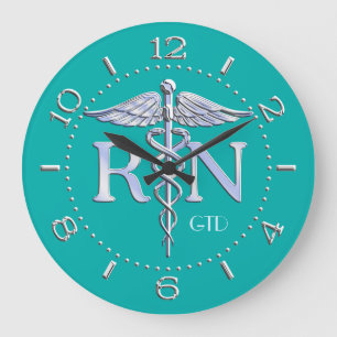 Nurse RN Caduceus Monogram Dial Style on Turquoise Große Wanduhr