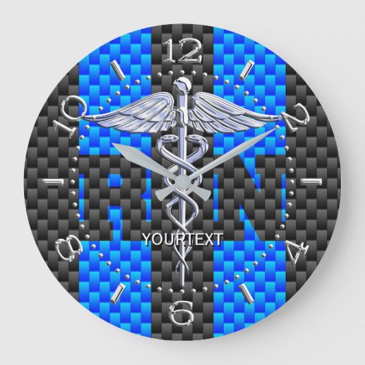 Nurse RN Caduceus Personalisiert Style Blue Carbon Große Wanduhr (Vorderseite)