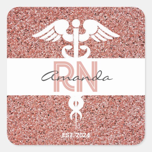Nurse RN Graduate Dusty Rose Gold Glitzer Monogram Quadratischer Aufkleber (Vorderseite)