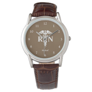 Nurse RN Graduate Medical Caduceus Mens Brown Armbanduhr