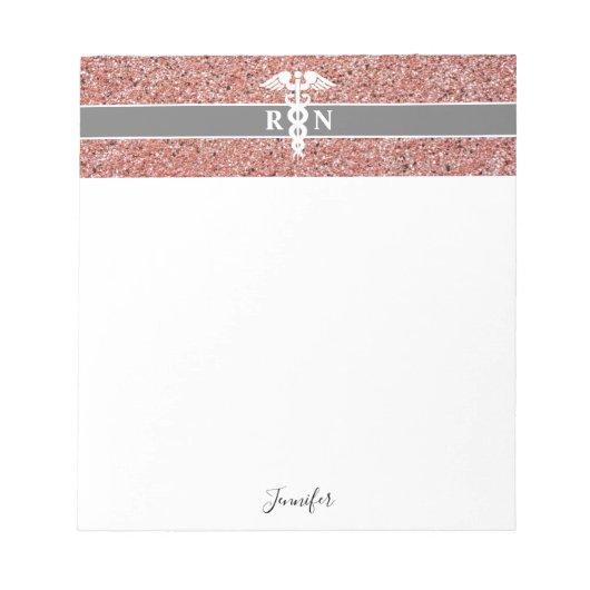 Nurse RN Rosa Rose Gold Glitzer Personalisiert Notizblock (Vorderseite)