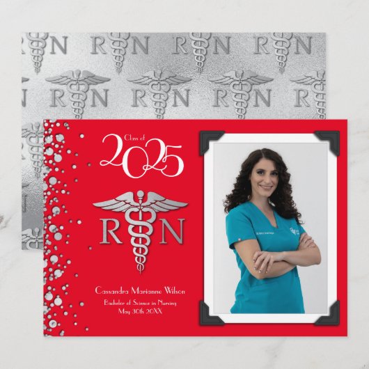 Nurse Silver Abschluss Announction Red Einladung (Vorne/Hinten)