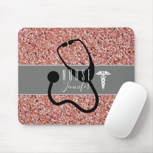 Nurse Stethoscope Caduceus Rose Gold Glitzer Mousepad (Mit Mouse)