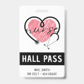 Nurse Stethoscope Pink Heart White Hall Pass Ausweis (Front)