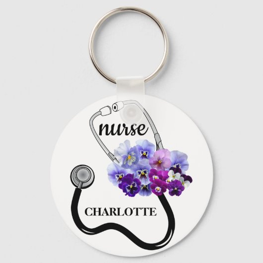Nurse Stethoscope und Blue Pansy Floral Schlüsselanhänger (Vorderseite)