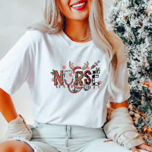 NURSE T-Shirt mit Rentier und Weihnachtsleuchten