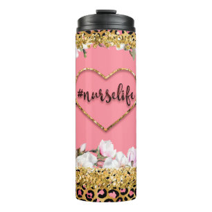 Nurselife Gold Glitter Cheetah Print Thermosbecher