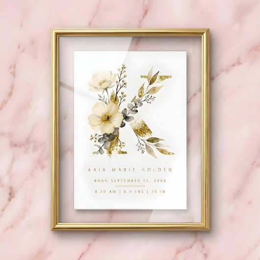 Nursery Cute Romantic Floral K Letter Gold Effect Poster
