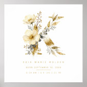 Nursery Cute Romantic Floral K Letter Gold Effect Poster (Vorne)