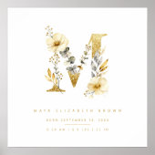 Nursery Cute Romantic Floral M Letter Gold Effect Poster (Vorne)