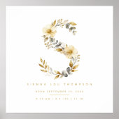 Nursery Cute Romantic Floral S Letter Gold Effect Poster (Vorne)