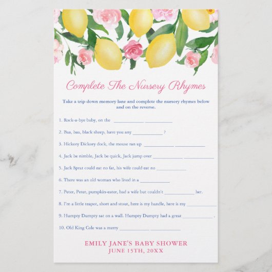 Nursery Rhymes Game Card For Lemons Baby Shower Flyer (Vorne)