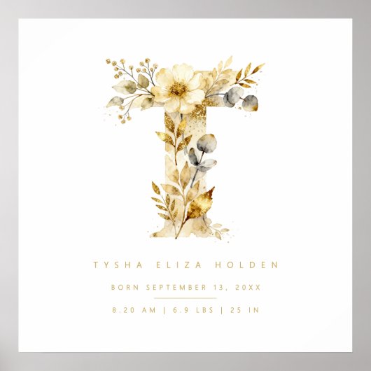 Nursery Romantic Floral T Letter Gold Effect Poster (Vorne)
