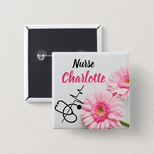 Nurses Custom Name Pink Daisy Floral Button (Vorne & Hinten)