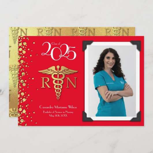 Nursing Gold Graduation Announcement Red Einladung (Vorne/Hinten)