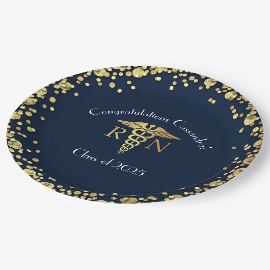Nursing School Abschluss Navy Blue Gold Pappteller (Schrägansicht)