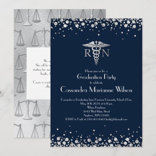 Nursing School Abschluss Navy Blue Silver Einladung (Vorne/Hinten)