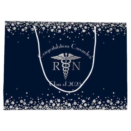 Nursing School Abschluss Navy Blue Silver Große Geschenktüte (Rückseite)