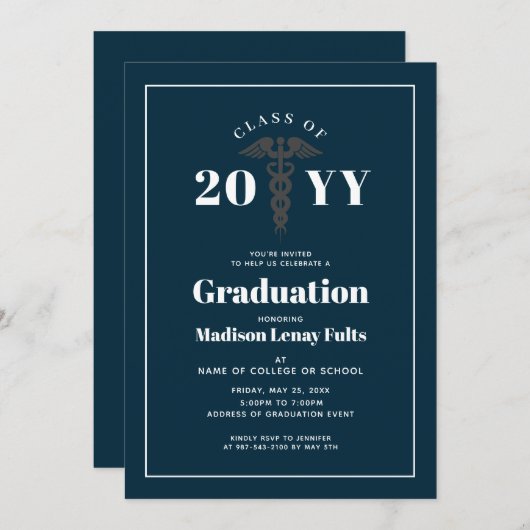 Nursing Student Abschluss Navy Blue White Medical Einladung (Vorne/Hinten)