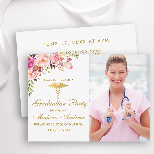 Nurve Pink Floral Grad Party Einladung Gold