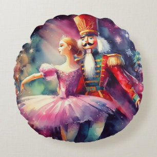Nussknacker-Ballerina-Wasserfarbe-Weihnachtsballet Rundes Kissen