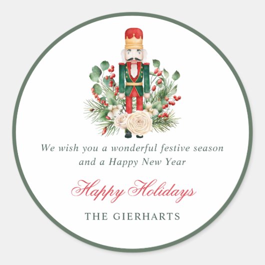 Nutcracker and Greenery Happy Holidays Christmas Runder Aufkleber (Vorderseite)
