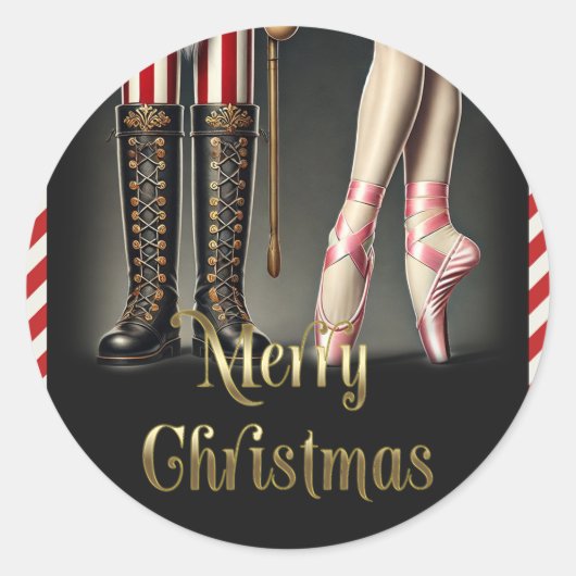 Nutcracker & Ballerina Black Gold Frohe Weihnachte Runder Aufkleber (Vorderseite)