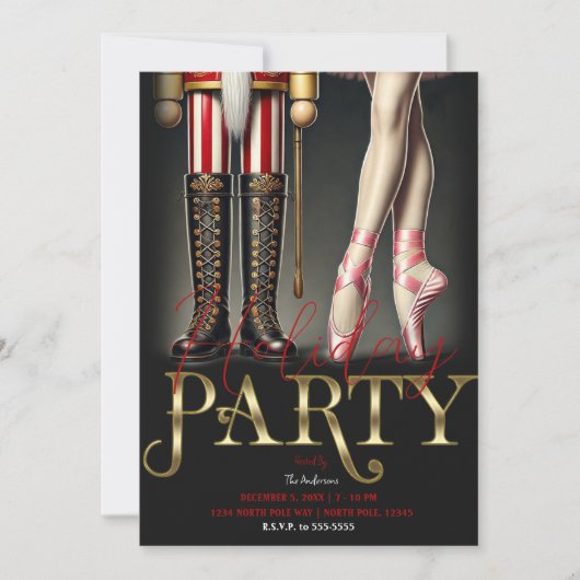Nutcracker & Ballerina Black Gold Holiday Party Einladung (Vorderseite)