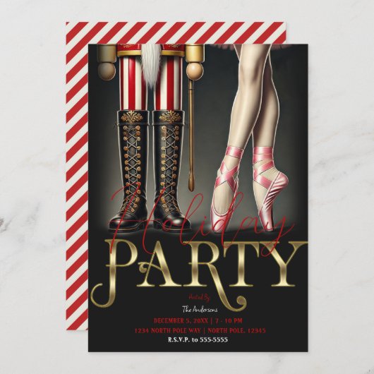 Nutcracker & Ballerina Black Gold Holiday Party Einladung (Vorne/Hinten)