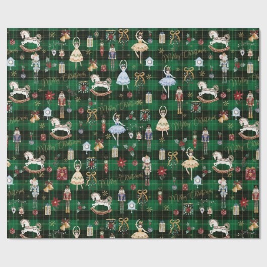 Nutcracker Ballet frohe Weihnachten Grün Kariert Geschenkpapier (Flach)