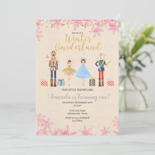 Nutcracker Ballet Geburtstagswinterrosa Einladung (Stehend Vorderseite)