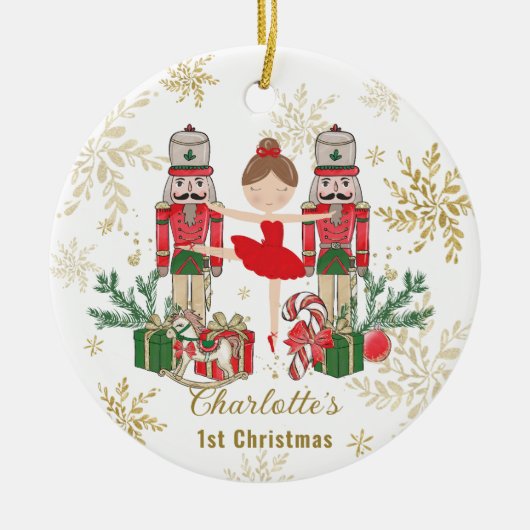 Nutcracker Ballet Red 1st Christmas Baby Photo Keramik Ornament (Vorne)
