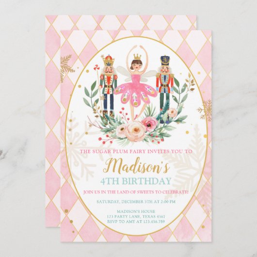 Nutcracker Birthday Girl Ballet Girl Sugl Plum Einladung (Vorne/Hinten)
