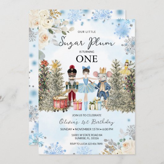 Nutcracker Blue Winter Schneeflocken erster Geburt Einladung (Vorne/Hinten)