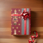 Nutcracker Burgundy Graustreifen Gold Stars Geschenkpapier