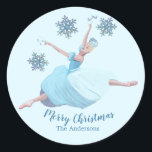 Nutcracker Christmas Ballerina Snowflakes Runder Aufkleber<br><div class="desc">Hübsches Weihnachtsdesign inspiriert vom Walz der Schneeflocken aus dem Nutcracker-Ballett. Text lässt sich leicht mit Vorlagen -Option anpassen. Kunst und Design von Mira</div>