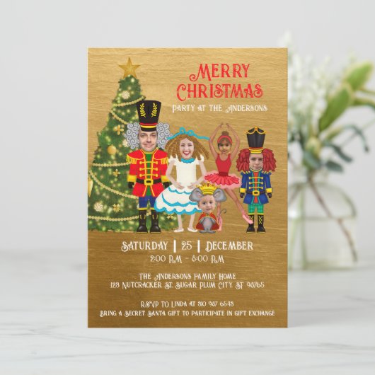Nutcracker-Familie aus fünf goldenen Weihnachtsbäu Einladung (Stehend Vorderseite)