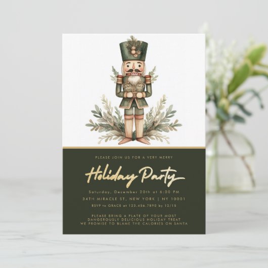 Nutcracker Green Gold Weihnachtsfeier Einladung (Stehend Vorderseite)
