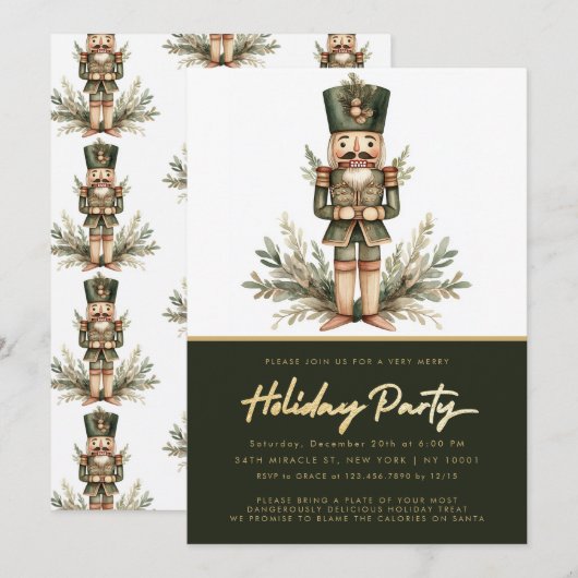 Nutcracker Green Gold Weihnachtsfeier Einladung (Vorne/Hinten)