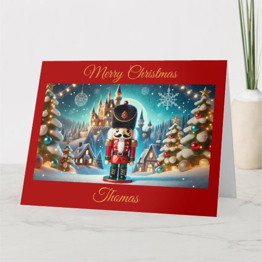 Nutcracker in einem Fantasy Christmas Village Karte (Vorderseite)