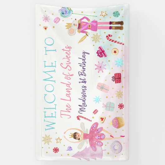 Nutcracker Land der Süßigkeiten Rosa Gold Geburtst Banner (Vertikal)