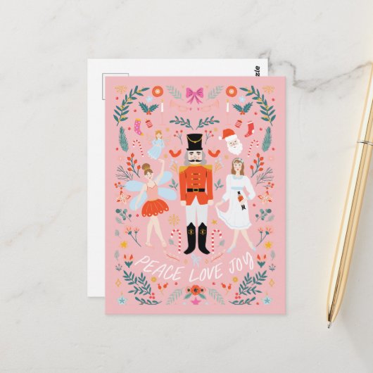 Nutcracker Peach Peace Liebe Freude Weihnachten Po Postkarte (Vorderseite/Rückseite Beispiel)