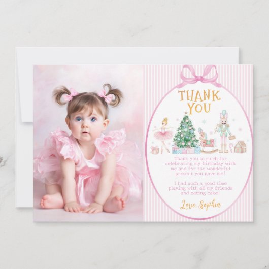 Nutcracker Pink Bow Christmas Birthday Photo Dankeskarte (Vorderseite)