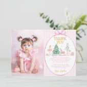 Nutcracker Pink Bow Christmas Birthday Photo Dankeskarte (Stehend Vorderseite)